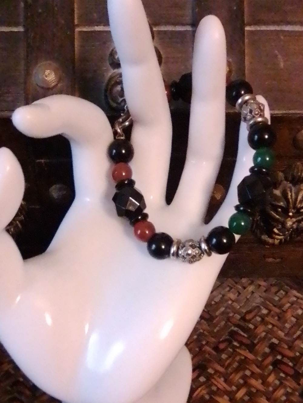 Black, Green & Red Glass  Beaded Stretch Bracelet - Unbranded